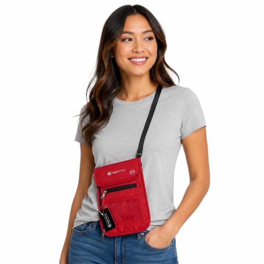 OMYSTYLE RFID Blocking Travel Passport Wallet Neck Pouch Red Nylon Crossbody J-0